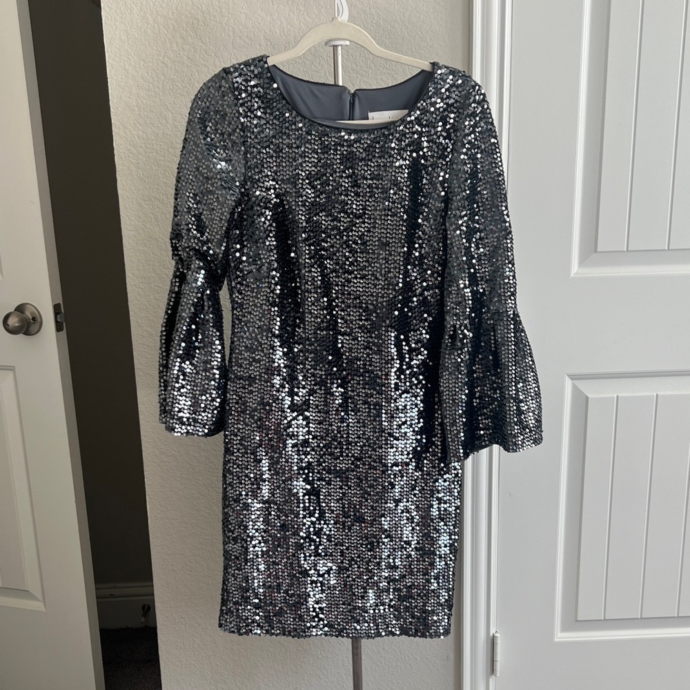 Nicole Miller Shimmering Silver Long Sleeve Dress